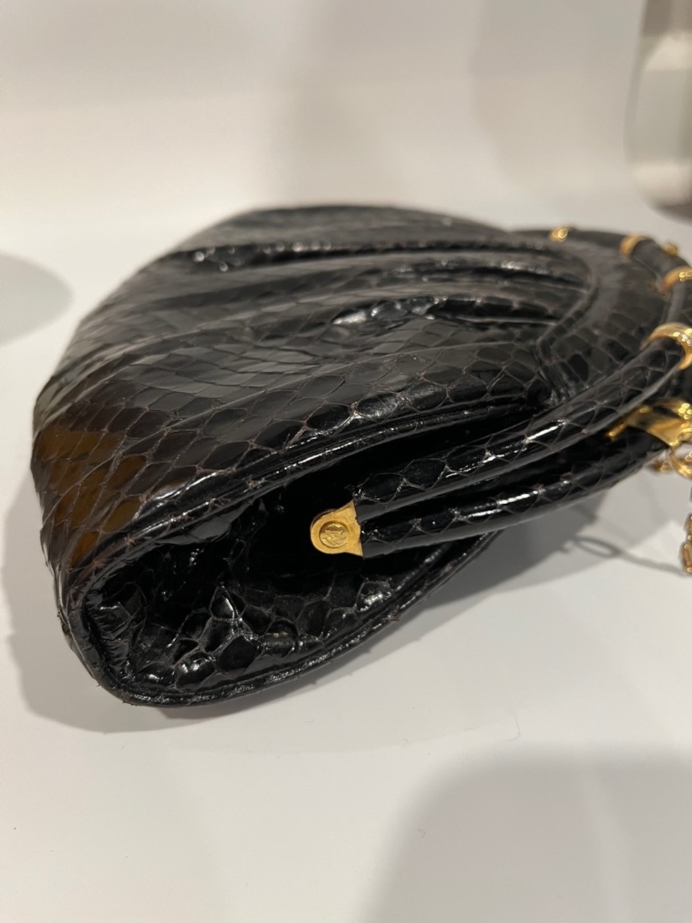 Vintage Black Snakeskin Clutch | Gold Chain Strap | 1980s Glam - Picture 12 of 13